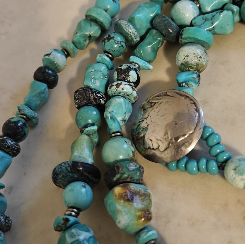Southwestern Genuine Turquoise Beads Long Necklace W/Indian Buffalo Head nickel